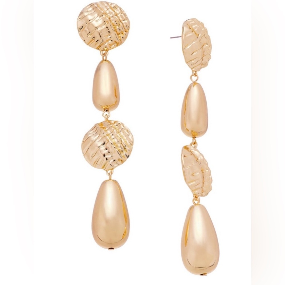 INC Gold Tone Long Textured Drop Earrings Statement 4” NWT